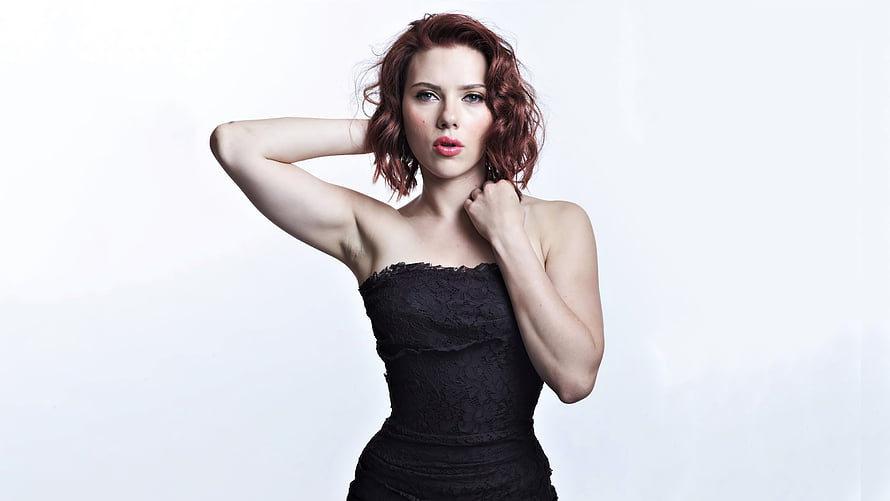 Scarlett Johansson in Black Lace Dress with Red Hair Studio Portrait HD wallpaper