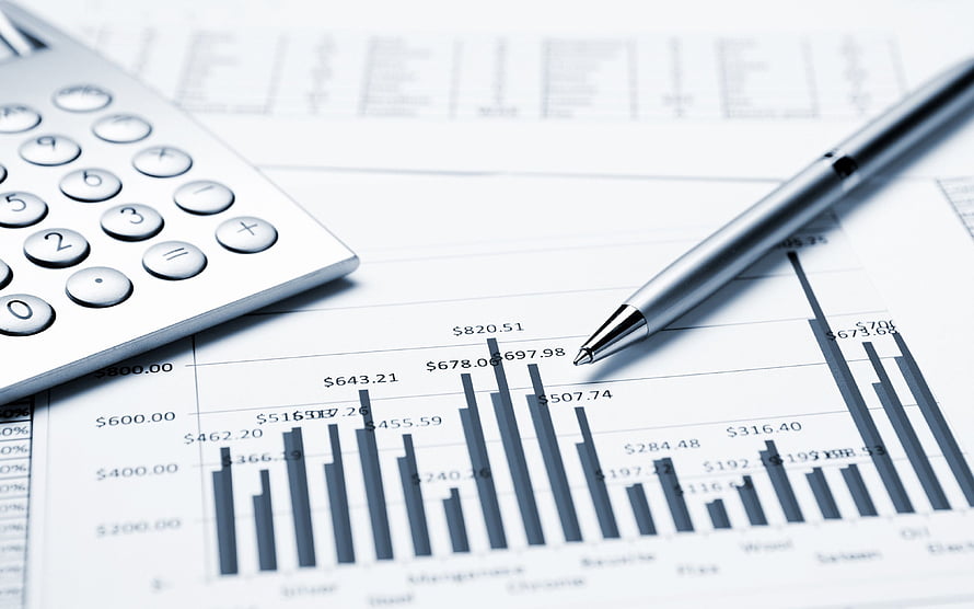 Financial Analysis Workspace with Calculator, Pen, and Bar Chart Report HD wallpaper