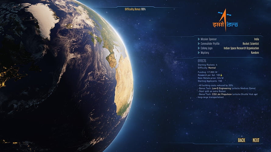 Surviving Mars ISRO Colony Setup Screen with Earth View and Mission Parameters HD wallpaper