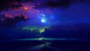 Mystical Night Sky with Shooting Stars, Moon, and Aurora Over a Serene Lake Landscape HD wallpaper