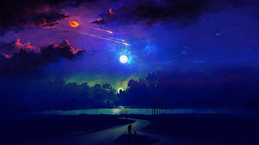 Mystical Night Sky with Shooting Stars, Moon, and Aurora Over a Serene Lake Landscape HD wallpaper