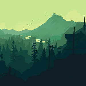 Minimalist Green Forest Landscape with Mountain Peak and Silhouetted Trees HD phone wallpaper
