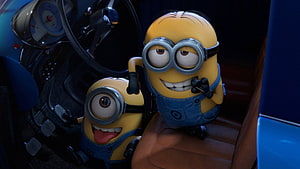 Two Minions from Despicable Me 2 Sitting Inside a Car with Vintage Dashboard HD wallpaper