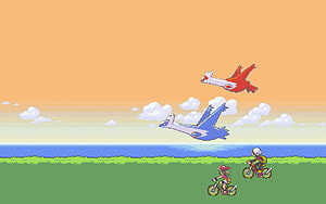 Pokemon Ruby and Sapphire Pixel Art Scene with Latias and Latios Flying Over Cyclists at Sunset HD wallpaper
