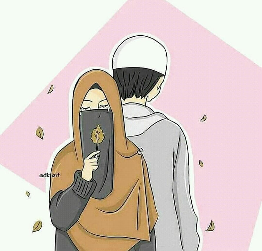 Cute Anime Muslim Couple Illustration with Hijab and Autumn Leaves HD wallpaper