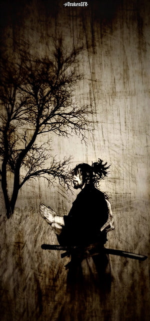 Miyamoto Musashi Vagabond Manga Illustration with Katana and Bare Tree HD phone wallpaper