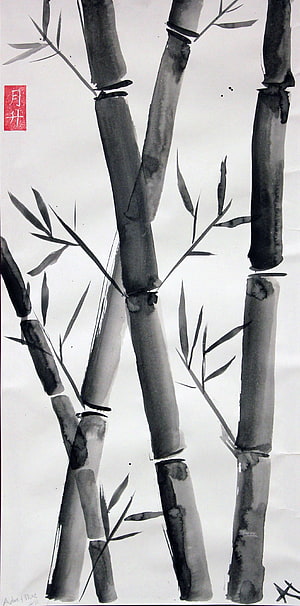 Traditional Sumi-e Ink Painting of Bamboo Stalks and Leaves on White Paper HD phone wallpaper