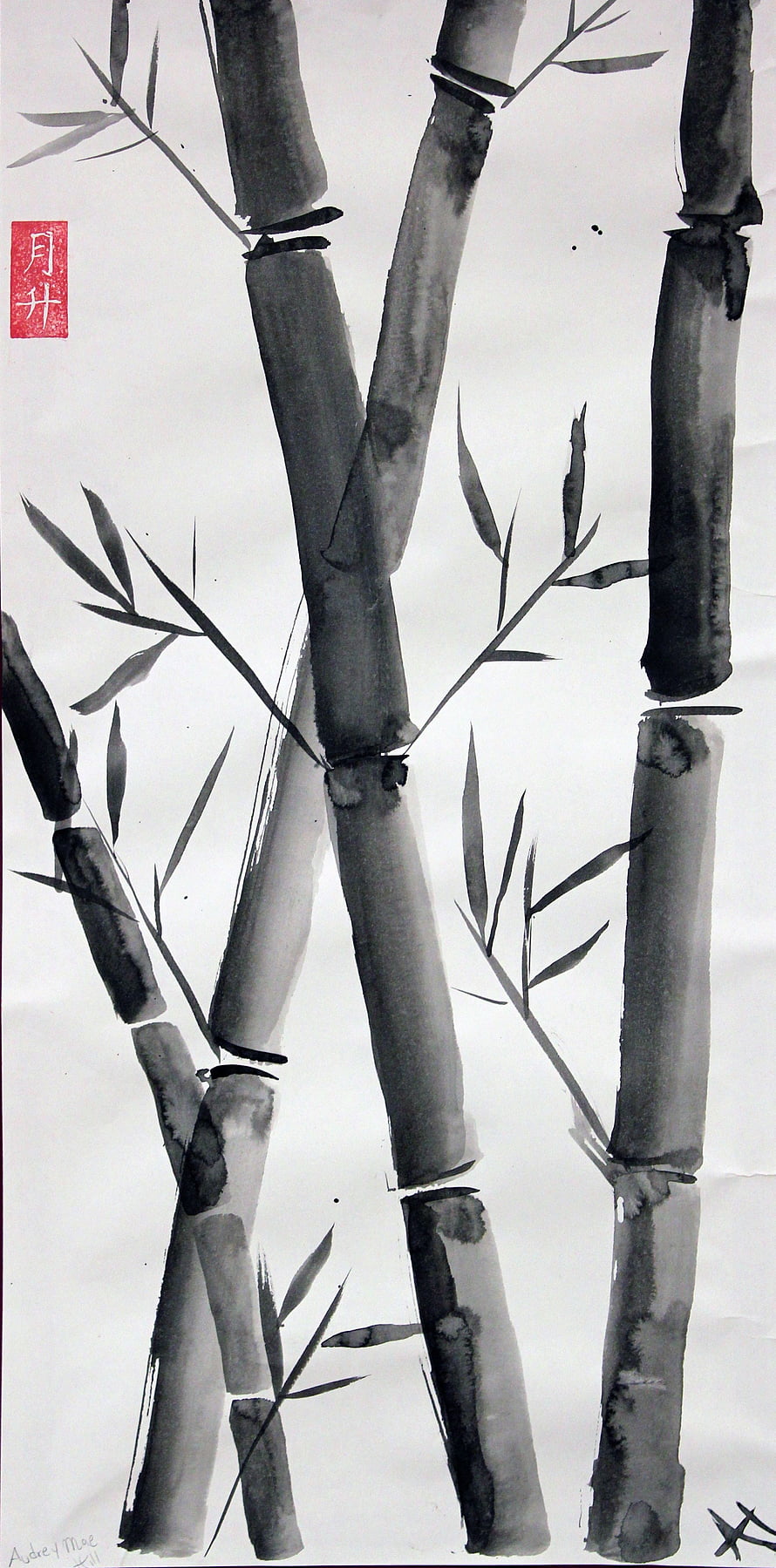 Traditional Sumi-e Ink Painting of Bamboo Stalks and Leaves on White Paper HD phone wallpaper
