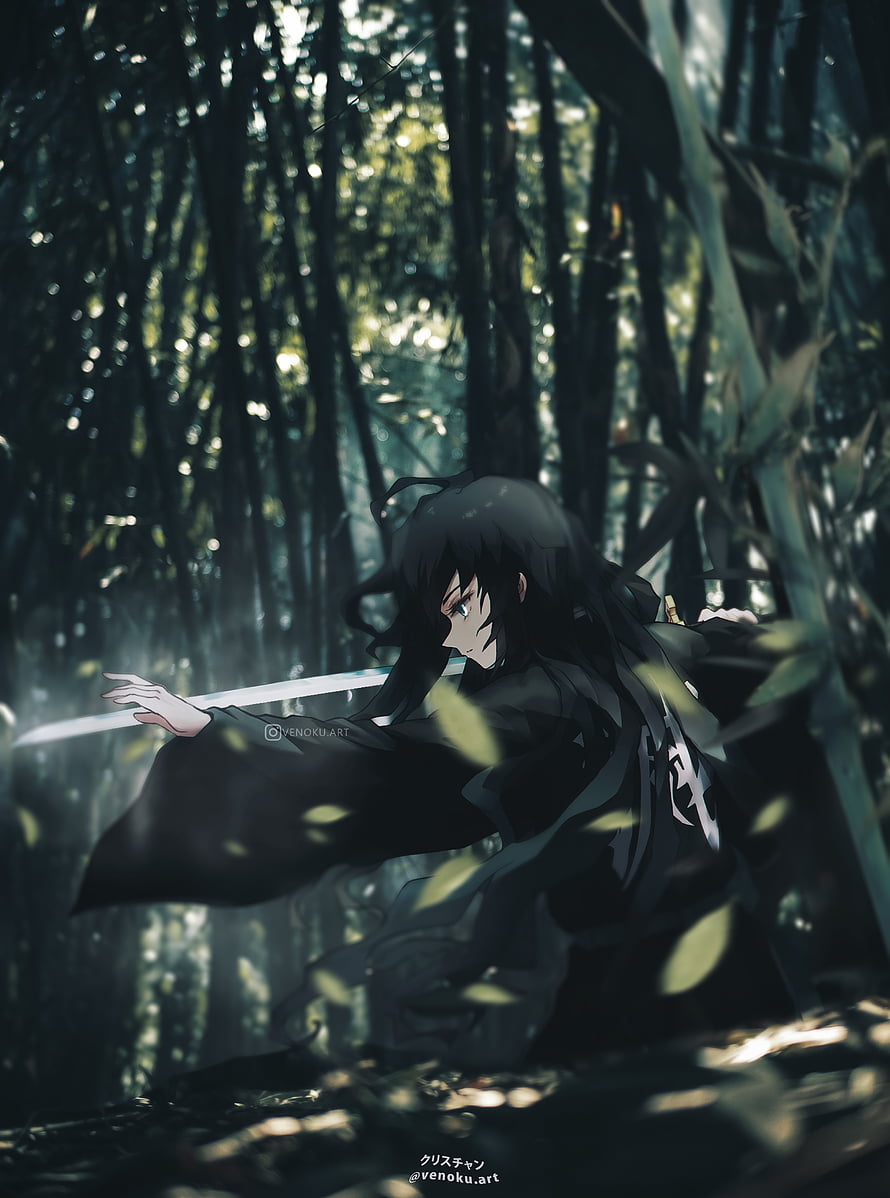 Muichiro Tokito from Demon Slayer Kny Holding a Sword in a Dark Forest HD phone wallpaper
