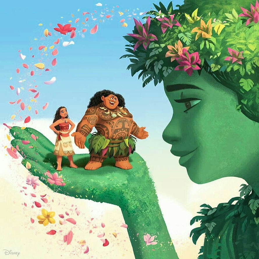 Moana and Maui standing on the outstretched hand of Te Fiti with floating flower petals HD phone wallpaper