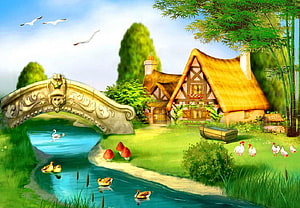 Whimsical Fairy Tale Cottage with Stone Bridge and Stream in Lush Green Countryside HD wallpaper