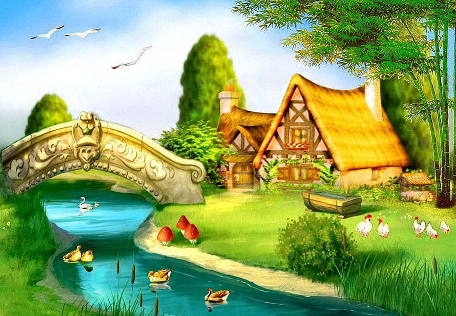 Whimsical Fairy Tale Cottage with Stone Bridge and Stream in Lush Green Countryside HD wallpaper