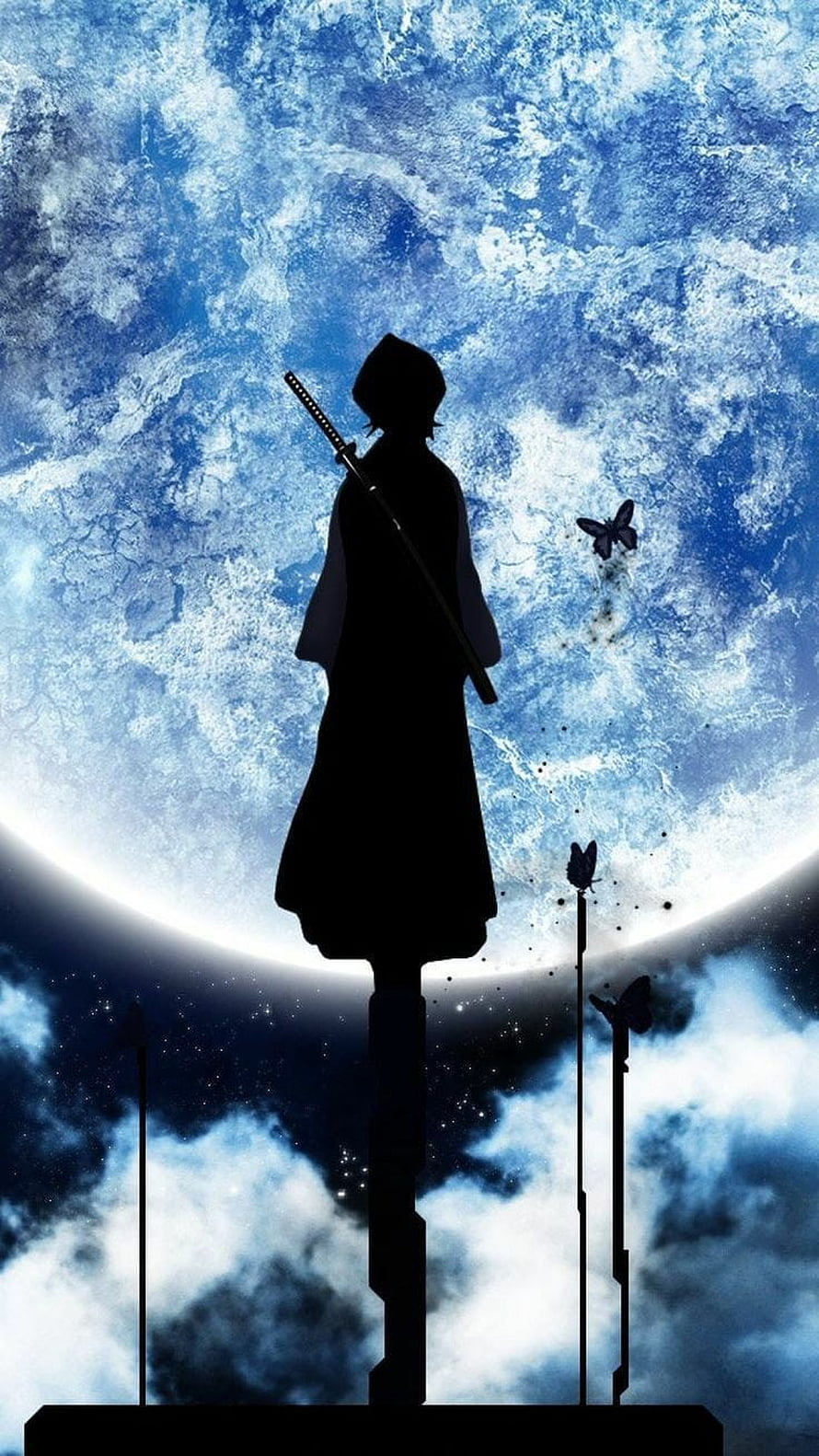 Kuchiki Rukia Silhouette Standing Before a Giant Moon with Butterflies in Bleach Anime Art HD phone wallpaper