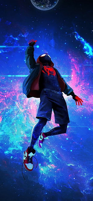 Miles Morales Spider-Man Floating in Cosmic Nebula with Earth in Background, Miles Morales Spider Man: Into The Spider Verse , Spider Man Amoled HD phone wallpaper