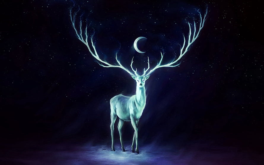 Luminous Stag with Celestial Antlers and Crescent Moon in Starry Night Sky HD wallpaper