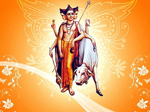 Dattatreya Hindu Deity with White Bull and Trishula on Orange Floral Background HD wallpaper