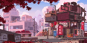 Waneella Pixel Art Japanese Cityscape with Red Maple Leaves and Neon Signage HD wallpaper