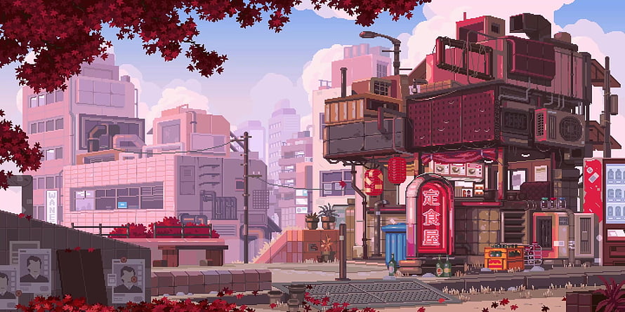 Waneella Pixel Art Japanese Cityscape with Red Maple Leaves and Neon Signage HD wallpaper