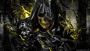 Death Stranding hooded figure with golden skull and dark industrial background HD wallpaper