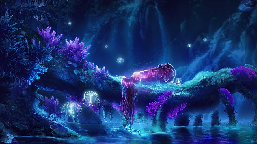 Bioluminescent Wolf and Mermaid in a Mystical Fantasy Forest HD wallpaper