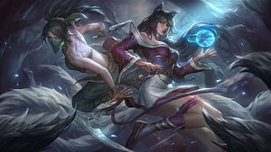 Ahri and Akali dynamic duo artwork from League of Legends featuring fox ears and magical energy HD wallpaper