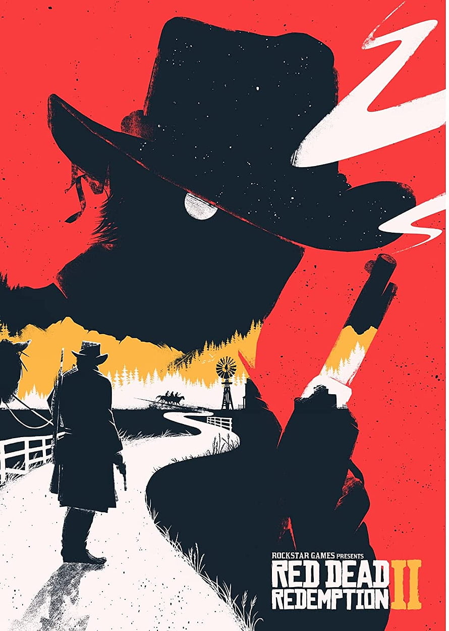 Red Dead Redemption 2 Stylized Poster Art Featuring Silhouette Cowboy and Shotgun HD phone wallpaper