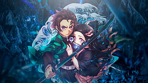 Tanjiro and Nezuko Kamado from Demon Slayer in a Dynamic Blue Toned Anime Illustration HD wallpaper