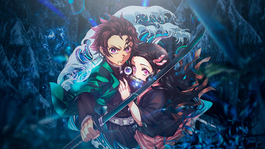 Tanjiro and Nezuko Kamado from Demon Slayer in a Dynamic Blue Toned Anime Illustration HD wallpaper