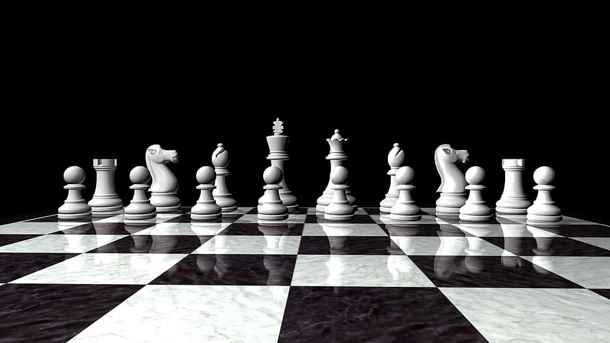 White Chess Pieces Arranged on a Reflective Marble Board Against a Black Background HD wallpaper