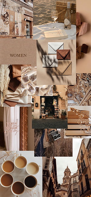 Warm Neutral Aesthetic Collage Featuring Coffee, Books, and European Architecture HD phone wallpaper
