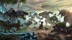 Ark Survival Evolved Aberration Concept Art Featuring Tamed Dinosaurs and Mecha Combat HD wallpaper