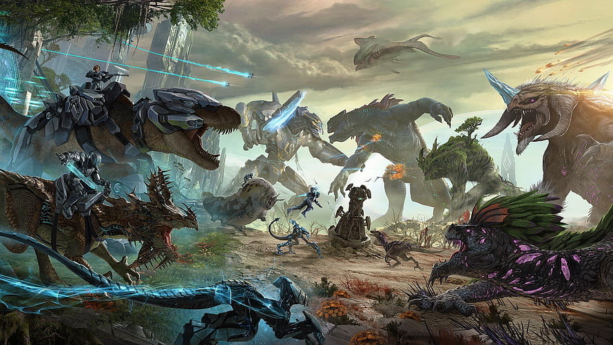 Ark Survival Evolved Aberration Concept Art Featuring Tamed Dinosaurs and Mecha Combat HD wallpaper