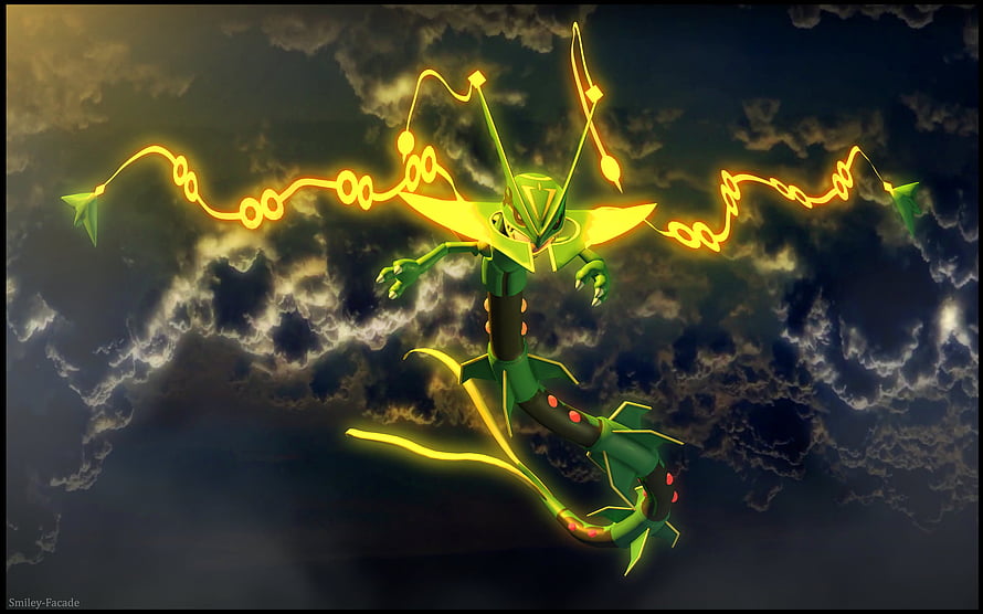 Shiny Mega Rayquaza Flying Through Stormy Clouds With Glowing Energy Trails HD wallpaper