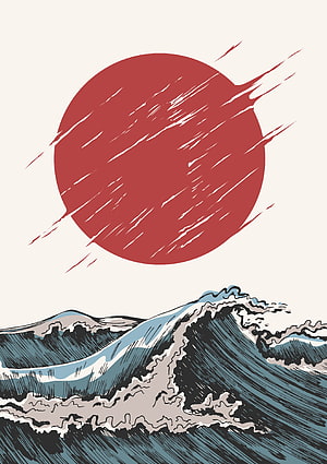 Modern Japanese Art Print Featuring Red Sun and Ocean Waves HD phone wallpaper