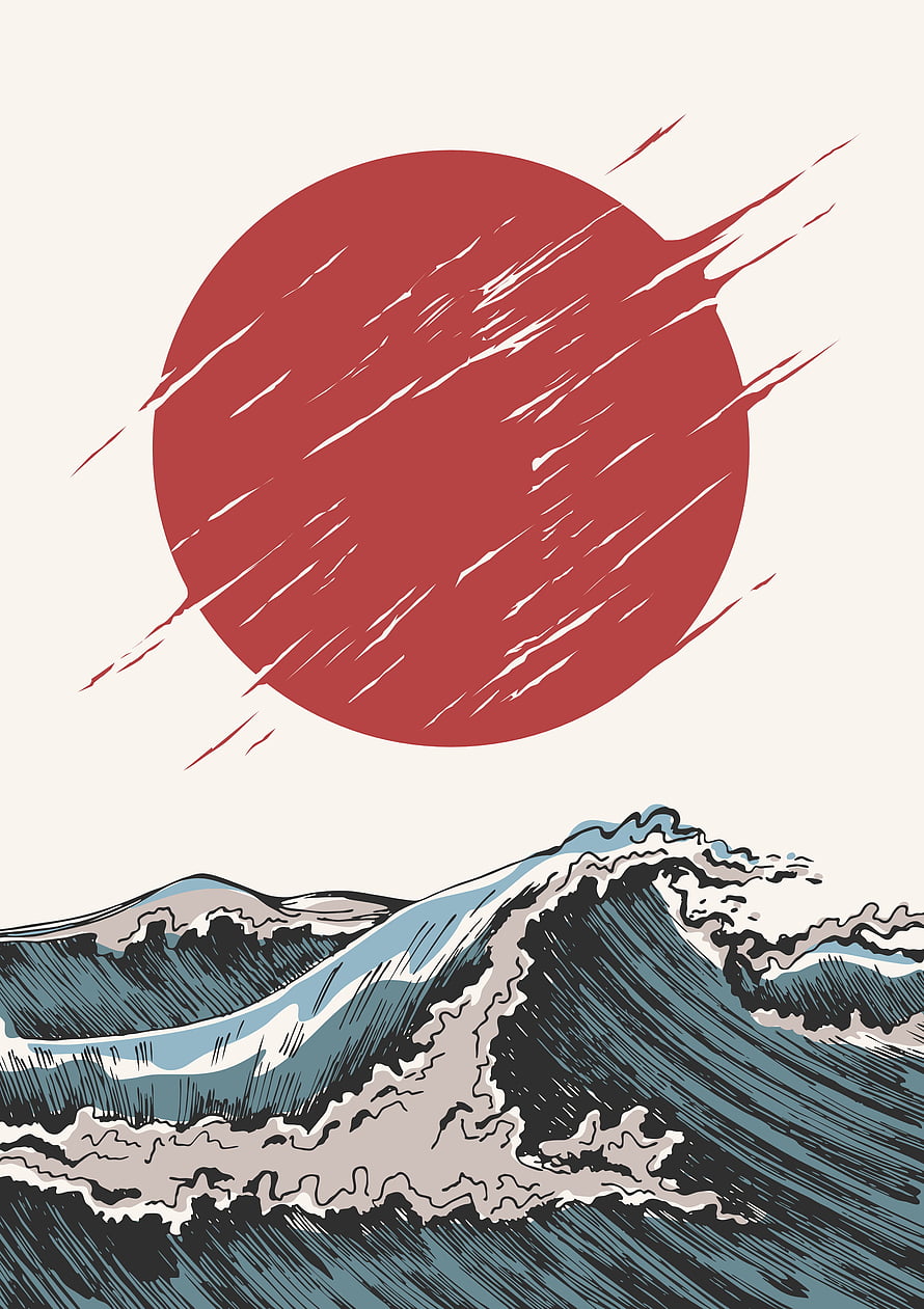 Modern Japanese Art Print Featuring Red Sun and Ocean Waves HD phone wallpaper