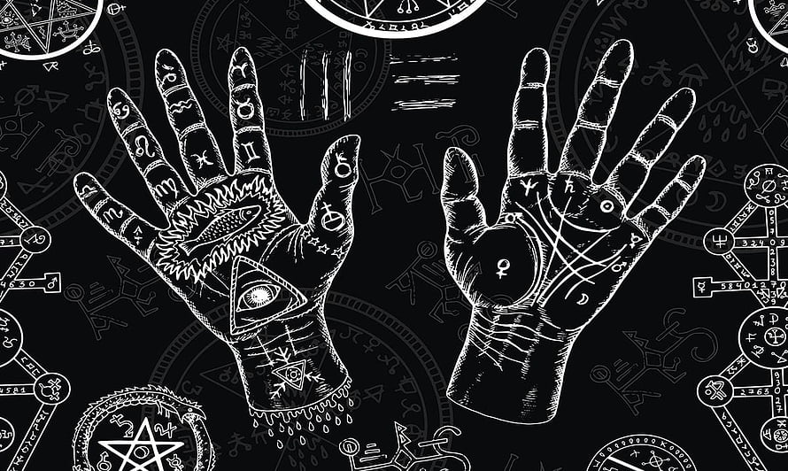 Mystical Palm Reading Illustration with Occult Symbols and Esoteric Hand Lines HD wallpaper