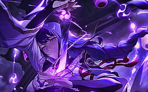 Raiden Shogun wielding a glowing katana in a dramatic purple-lit Genshin Impact scene HD wallpaper