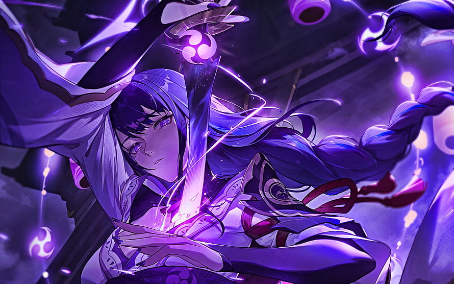 Raiden Shogun wielding a glowing katana in a dramatic purple-lit Genshin Impact scene HD wallpaper