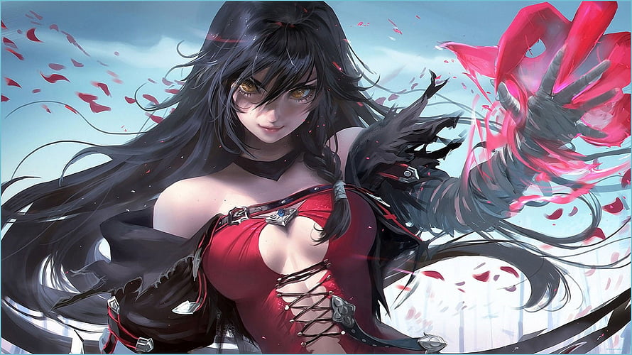 Dark Fantasy Anime Girl in Red Corset with Black Wings and Crimson Energy HD wallpaper