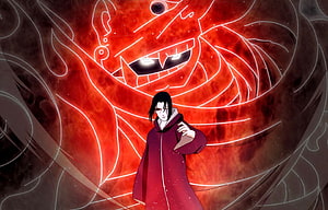 Itachi Uchiha with Mangekyou Sharingan and Rinnegan in Red Chakra Aura HD wallpaper