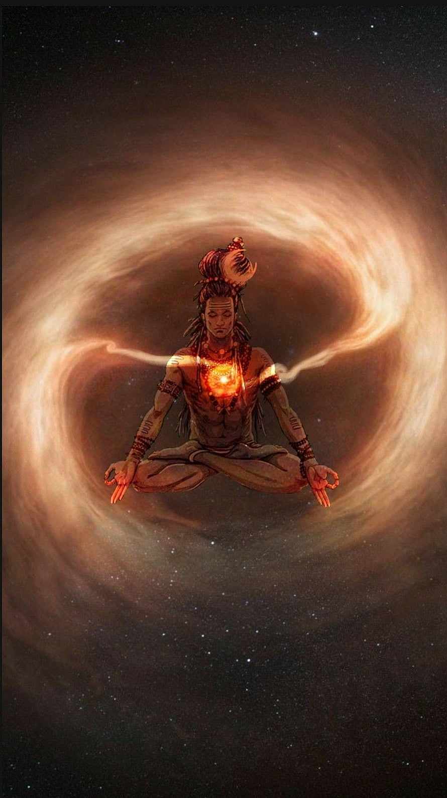 Lord Shiva Meditating in Cosmic Space with Glowing Chakra and Celestial Nebula HD phone wallpaper