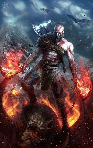 Kratos from God of War wielding flaming Blades of Chaos in a dark fantasy battle scene HD phone wallpaper