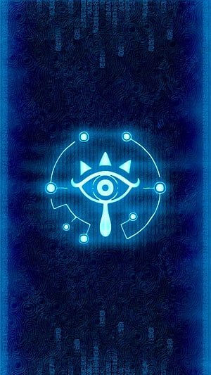 Glowing Sheikah Eye Symbol with Circuit Nodes on Dark Blue Textured Background HD phone wallpaper
