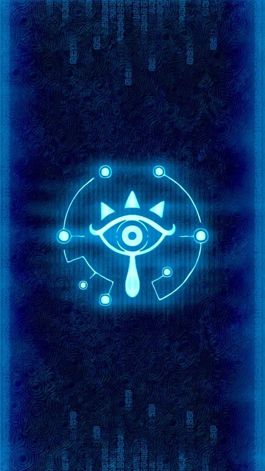 Glowing Sheikah Eye Symbol with Circuit Nodes on Dark Blue Textured Background HD phone wallpaper