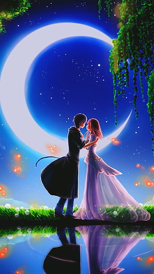 Romantic Anime Couple Under a Glowing Crescent Moon in a Starlit Night Garden HD phone wallpaper