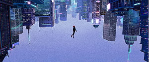 Miles Morales Falling Through Inverted Cityscape in Spider-Verse Style HD wallpaper