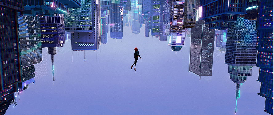 Miles Morales Falling Through Inverted Cityscape in Spider-Verse Style HD wallpaper