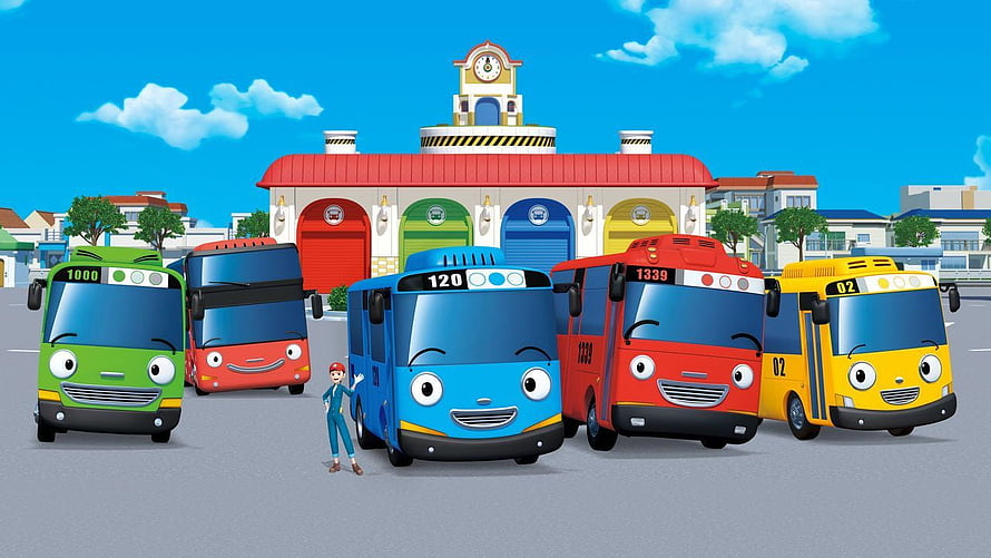 Tayo and Friends: Colorful Animated Buses at the City Bus Depot HD wallpaper