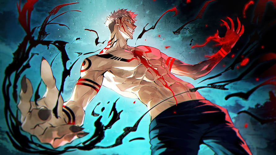 Muscular Anime Male Character with Red Energy and Dark Tendrils in Dynamic Action Pose HD wallpaper