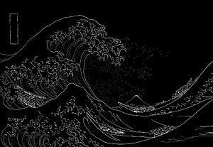 The Great Wave off Kanagawa in White Line Art on Black Background HD wallpaper
